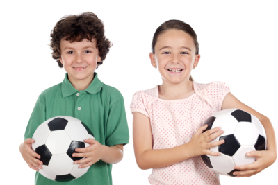 Young girl and boy holding a soccer ball
